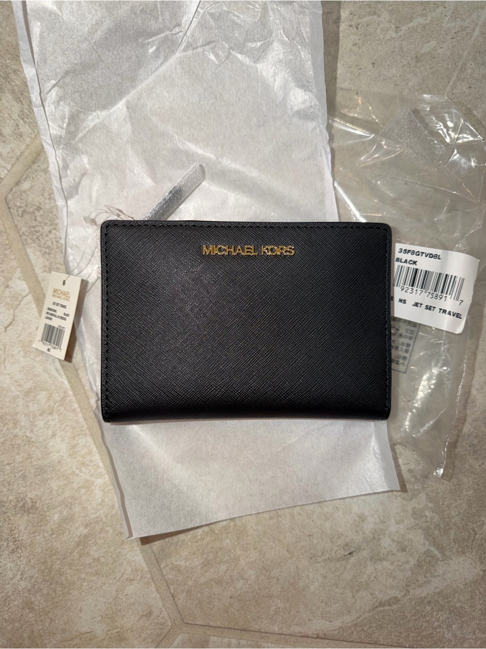 Michael Kors Black Leather Snap & Zip Card Wallet with Gold Hardware
